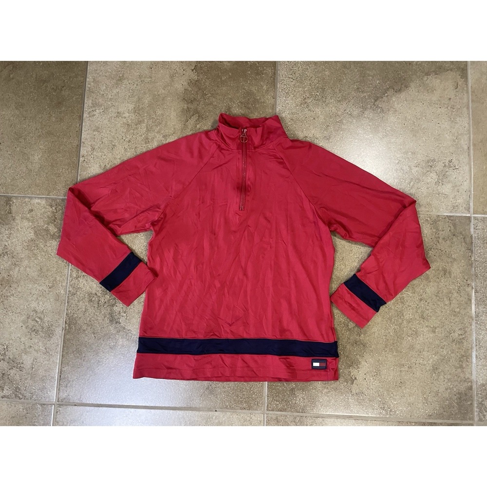 Vintage Y2K Tommy Hilfiger Sz L Quarter 1/4 Zip Mock Neck Shirt Red